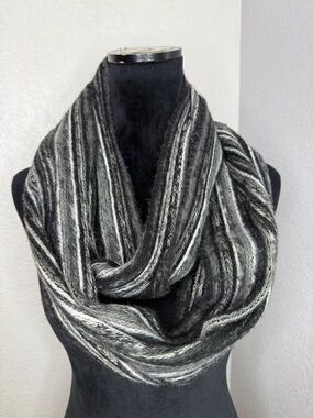 Black Gray Striped Infinity Scarf Soft Fuzzy Knit Minimalist Cozy Winter